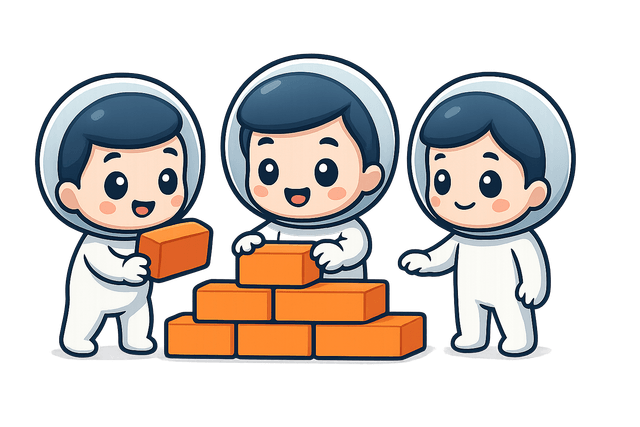 Three people building a brick structure